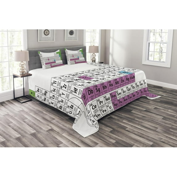 Ambesonne Periodic Table Quilted Bedspread Set 3 Pcs, Colorful Science, King Size, Dark Grey Sky Blue