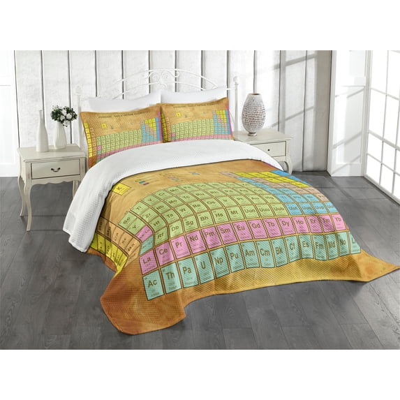 Ambesonne Periodic Table Quilted Bedspread Set 3 Pcs, Colorful Squared, Queen Size, Multicolor