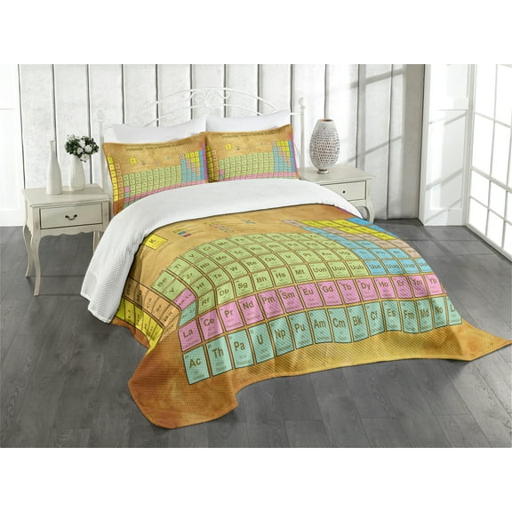 Ambesonne Periodic Table Quilted Bedspread Set 3 Pcs, Colorful Squared, Queen Size, Multicolor