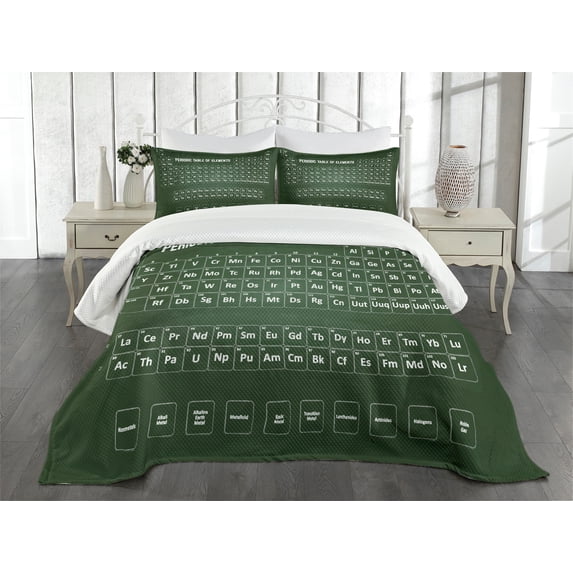 Ambesonne Periodic Table Quilted Bedspread Set 3 Pcs, Science Elements, Queen Size, Dark Green and White