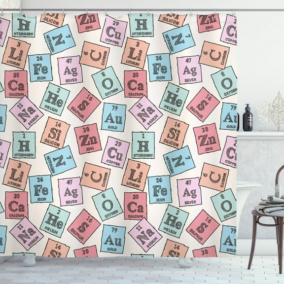 Ambesonne Periodic Table Shower Curtain, Vintage Cartoon, 69"Wx70"L, Pale Pink Blue and Green