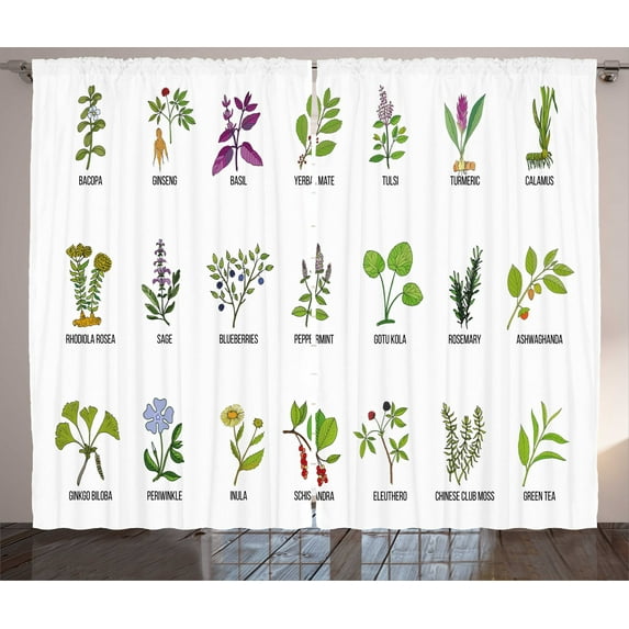Ambesonne Periwinkle Curtains 2 Panel Set, Herbs Design, 108" x 96", Lime Green Multicolor