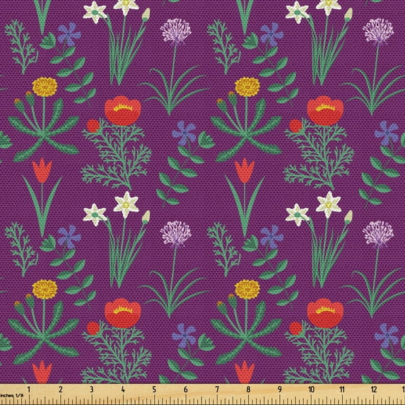 Ambesonne Periwinkle Fabric by the Yard Upholstery, Various Spring Flowers, 1 Yard, Dark Mauve Multicolor