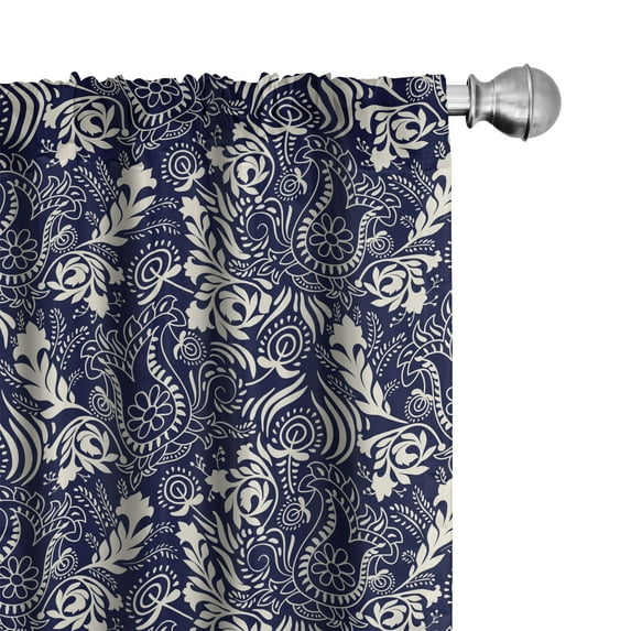 Ambesonne Persian Curtains, Curved Eastern Leaves, Pair of 28"x63", Navy Blue Cream