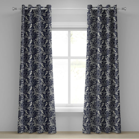 Ambesonne Persian Grommet Curtain, Curved Eastern Leaves, 50" x 120", Navy Blue Cream