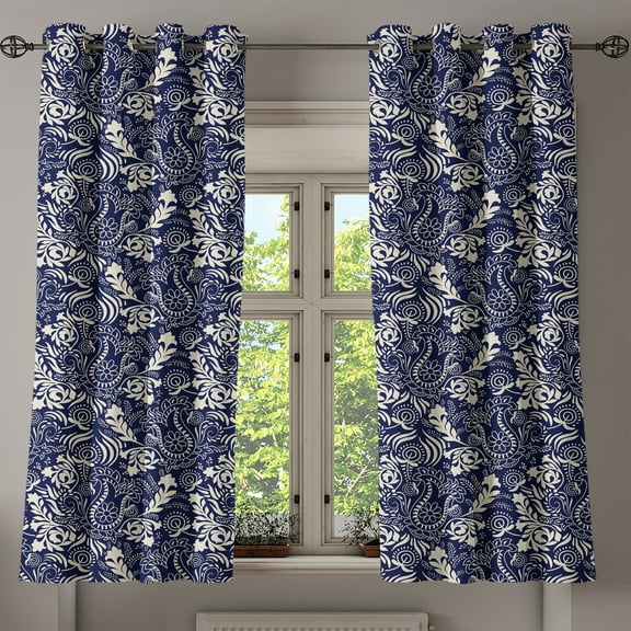 Ambesonne Persian Grommet Curtain, Curved Eastern Leaves, 50" x 54", Navy Blue Cream
