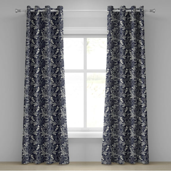 Ambesonne Persian Grommet Curtain, Curved Eastern Leaves, 50" x 84", Navy Blue Cream