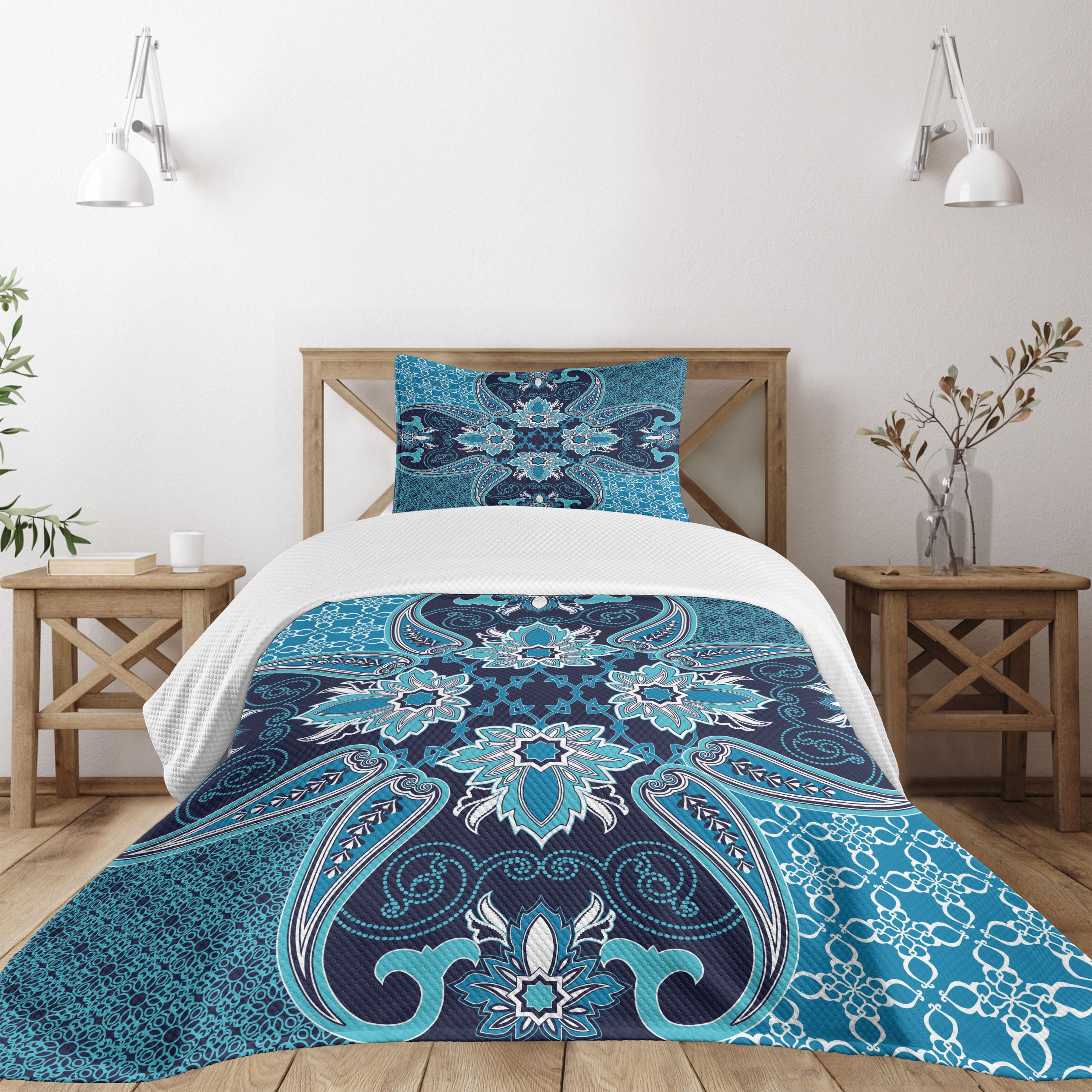 Twin Blue Quilted Bedspread Set with Pillow Sham
