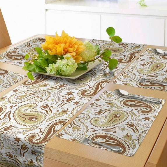 Ambesonne Persian Table Runner & Placemats, Floral Paisley Tulips, Placemat 4 pcs + Runner 16"x90", White Chocolate Umber
