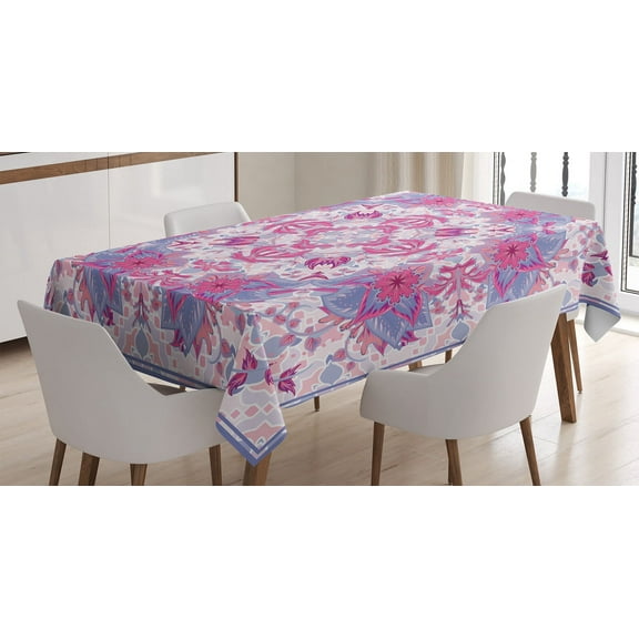 Ambesonne Persian Tablecloth Rectangular Table Cover, Boho Floral Old Art, 52"x70", Pink and Pale Blue