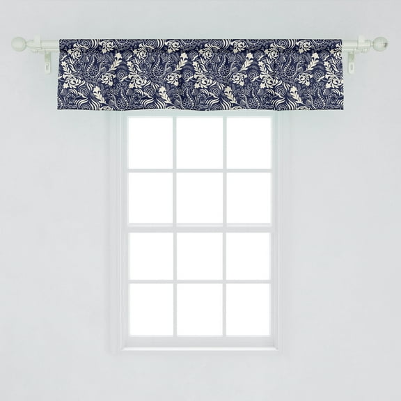 Ambesonne Persian Window Valance, Middle Eastern Inspirations with Curved Leaves and Flowers Blooming Nature, Curtain Valance for Kitchen Bedroom Decor with Rod Pocket, 54" X 12", Navy Blue Cream