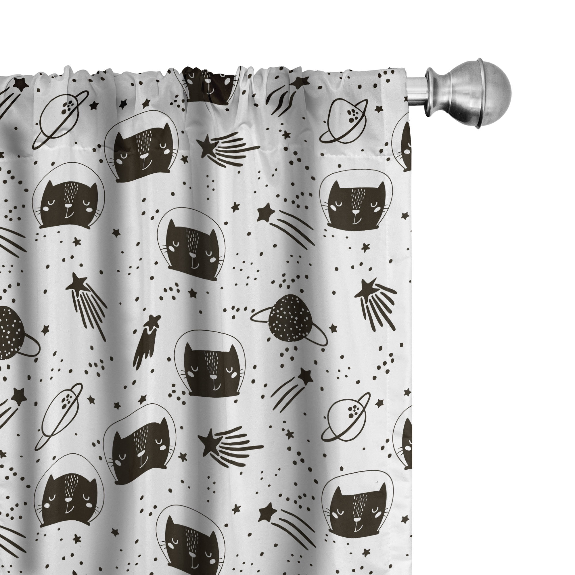 Black and White Space Cat Pattern Rod Pocket Curtains