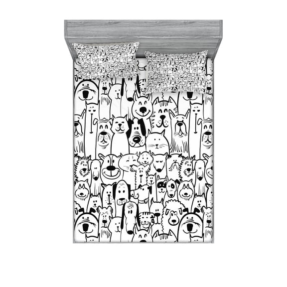 Ambesonne Pet Fitted Sheet & Pillow Sham Set, Dogs and Cat Composition, King, Black White