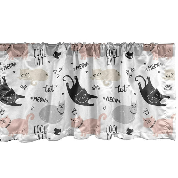 Ambesonne Pets Window Valance, Cool Cat Meow Animals Doodle, 54" X 12", Beige Pale Pink