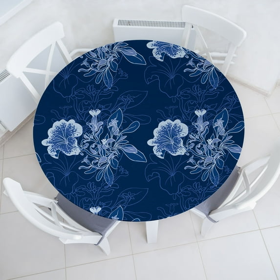 Ambesonne Petunia Artwork Fitted Round Tablecloth, Winter Floral Art, 56"- 60" Diameter, Dark Lavender Pale Blue