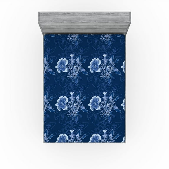Ambesonne Petunia Artwork Fitted Sheet, Winter Floral Art, Full Size, Dark Lavender Pale Blue