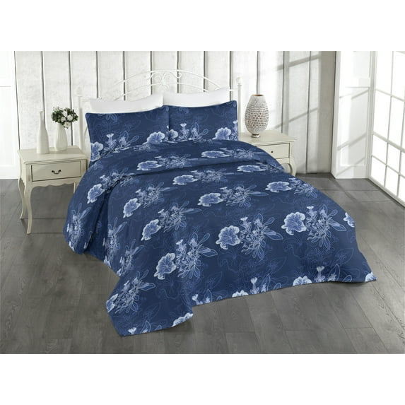 Ambesonne Petunia Artwork Quilted Bedspread Set 3 Pcs, Winter Floral Art, Queen, Dark Lavender Pale Blue
