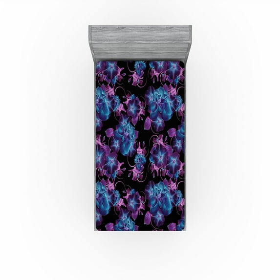 Ambesonne Petunia Fitted Sheet, Dreamy Retro Flowers Print, Twin Size, Pastel Pink Aqua Indigo