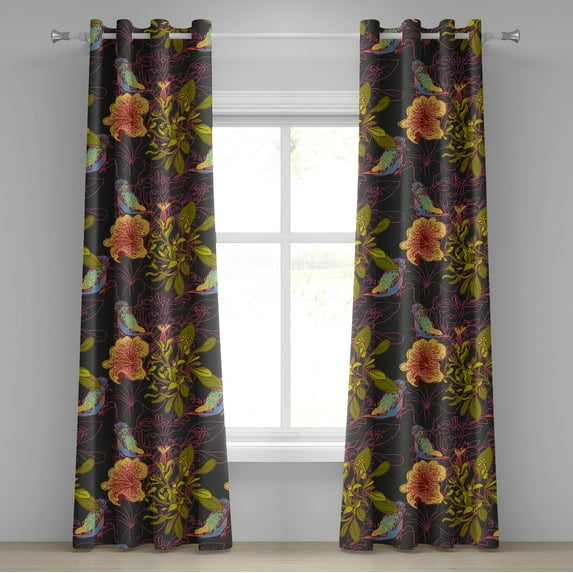 Ambesonne Petunia Themed Grommet Curtain, Night Jungle Flowers, 50"x120", Pale Olive Green Hot Pink