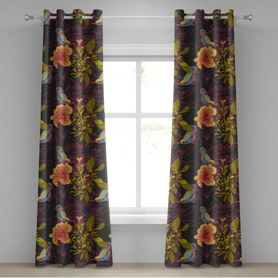 Ambesonne Petunia Themed Grommet Curtain, Night Jungle Flowers, 50"x96", Pale Olive Green Hot Pink