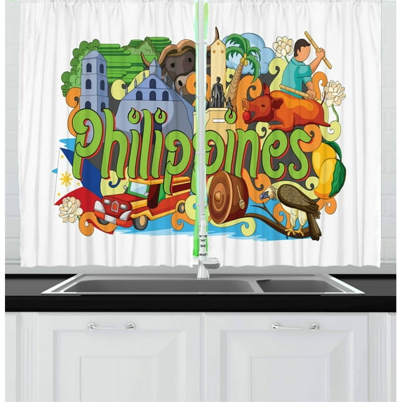 Ambesonne Phillipine Kitchen Curtains, Architecture and Culture, 55"x39", Multicolor