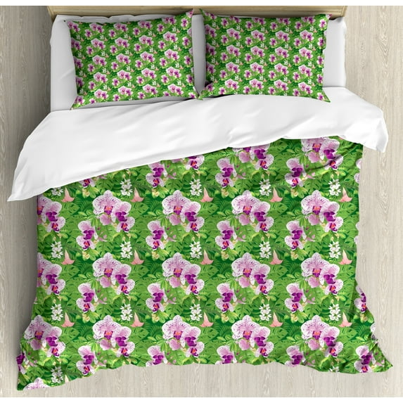 Ambesonne Philodendron Duvet Cover Set, Vivid Tropical Flowers, 2-Calking, Dark Magenta Blush