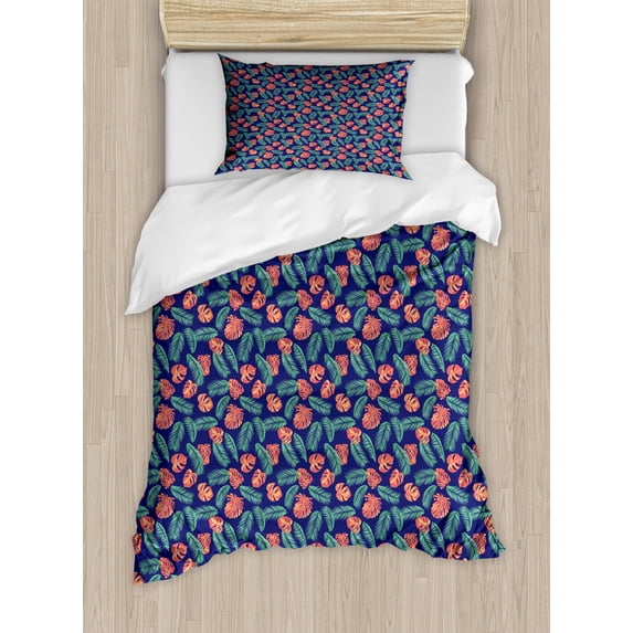 Ambesonne Philodendron Duvet Cover Sets, Jungle Botany Leaves, 2-Twin, Indigo Burnt Sienna