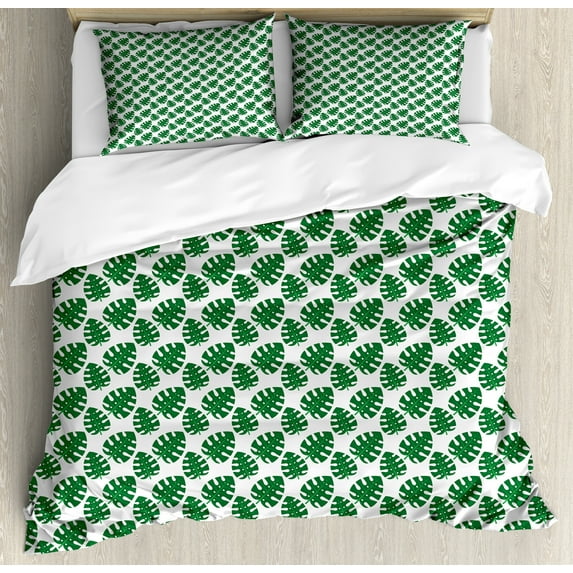 Ambesonne Philodendron Duvet Cover Sets, Jungle Leaves, 2-King, Green and White