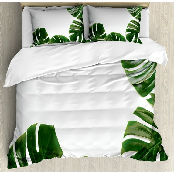 Ambesonne Philodendron Duvet Cover Sets, Swiss Cheese Plant, 2-King, Emerald Pale Sage Green