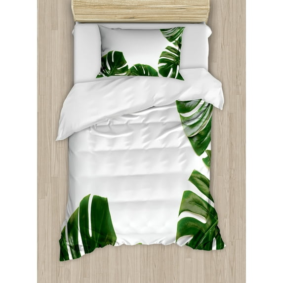 Ambesonne Philodendron Duvet Cover Sets, Swiss Cheese Plant, 2-Twin, Emerald Pale Sage Green