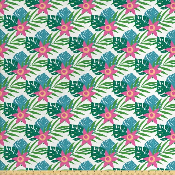 Ambesonne Philodendron Fabric by the Yard Upholstery, Cheerful Tropic Plants, 3 Yards, Forest Green Pink