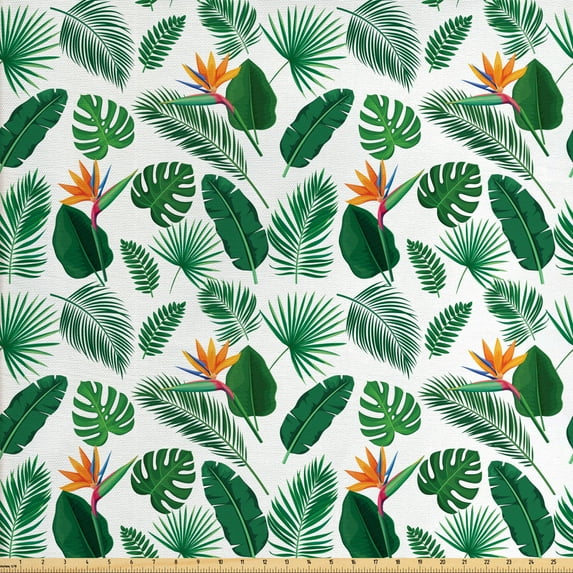 Ambesonne Philodendron Fabric by the Yard Upholstery, Jungle Flora Foliage, 3 Yards, Hunter Green Fern Green