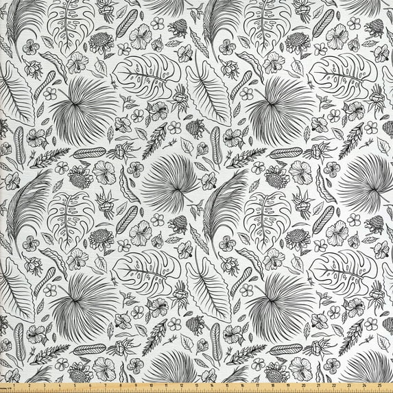 Ambesonne Philodendron Fabric by the Yard Upholstery, Outline Tropic Foliage, 2 Yards, Charcoal Grey and White