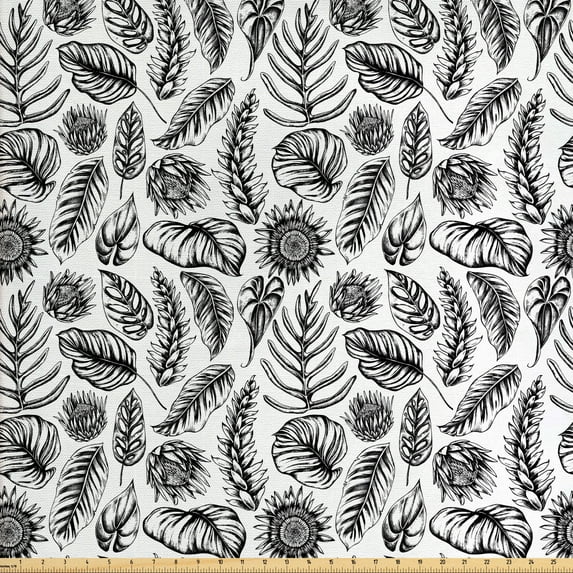 Ambesonne Philodendron Fabric by the Yard Upholstery, Vintage Plants Leaves, 5 Yards, Charcoal Grey and White