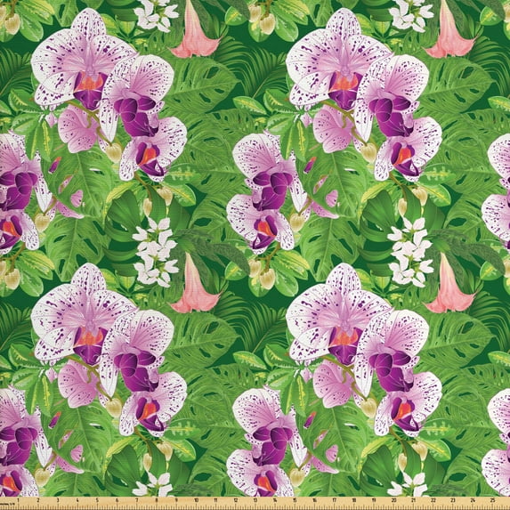 Ambesonne Philodendron Fabric by the Yard Upholstery, Vivid Tropical Flowers, 2 Yards, Dark Magenta Blush