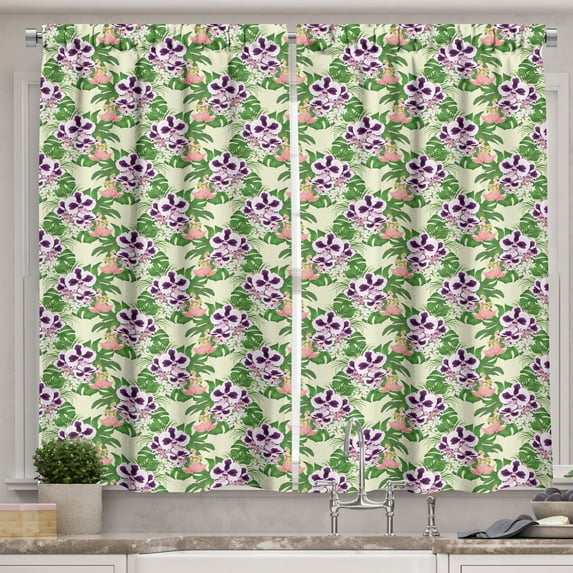 Ambesonne Philodendron Kitchen Curtains, Exotic Floral Bouquet, 55"x45", Pale Yellow Multicolor