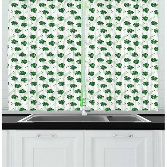Ambesonne Philodendron Kitchen Curtains, Jungle Foliage Shadowy, 55"x45", Emerald Fern Green