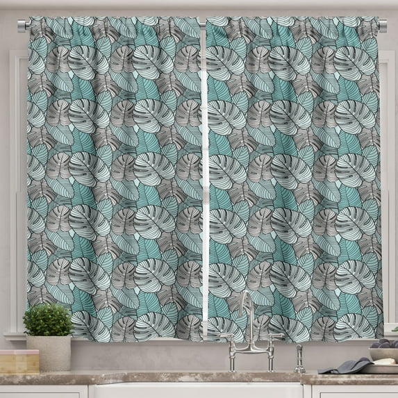 Ambesonne Philodendron Kitchen Curtains, Seafoam Tropic Leaves, 55"x45", Seafoam and Grey