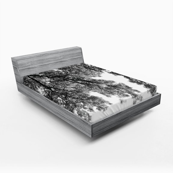 Ambesonne Photo Fitted Sheet, Tree Branches and Leaves, Full Size, Black and White