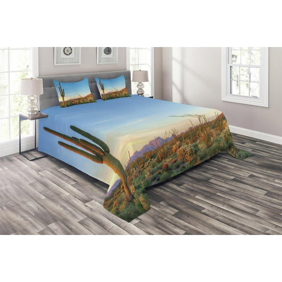 Ambesonne Photo Quilted Coverlet 3 Pcs, Cactus Sunset Landscape, Queen Size, Multicolor