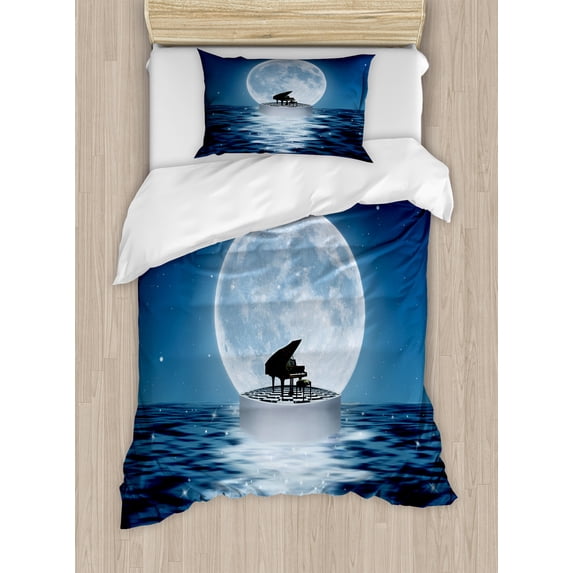 Ambesonne Piano Duvet Cover Sets, Music Instrument on Night Sea, 2-Twin, Night Blue Slate Blue