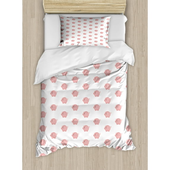 Ambesonne Pig Duvet Cover Sets, Piglets with Swirling Tails, 2-Twin, Pale Pink White