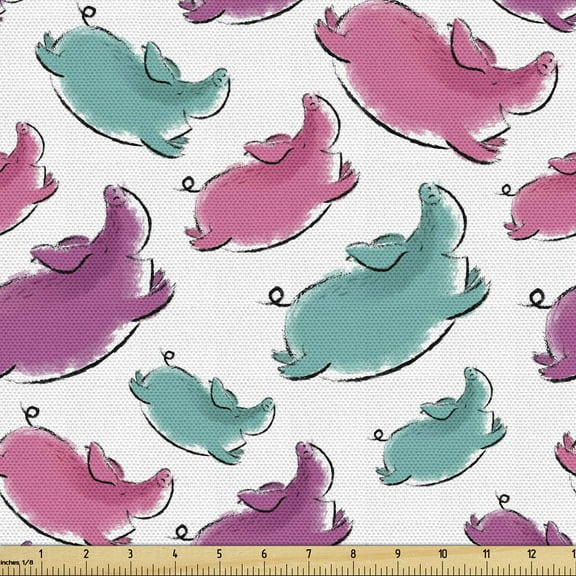 Ambesonne Pig Fabric by the Yard Upholstery, Hand Drawn Watercolor Effect, 10 Yards, Pink Cadet Blue