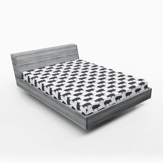 Ambesonne Pig Fitted Sheet 2 Pcs Set, Domestic Pig Silhouettes, King, Charcoal Grey and White