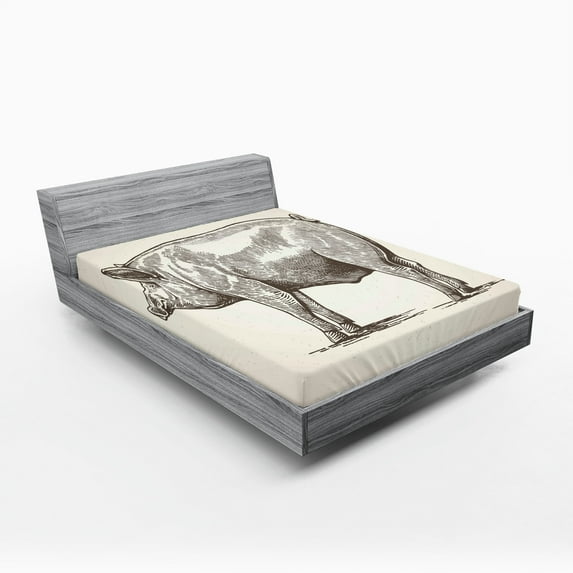 Ambesonne Pig Fitted Sheet, Vintage Hand-Drawn Image, King Size, Eggshell and Dark Taupe