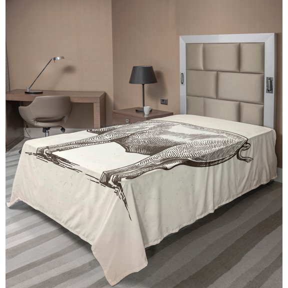 Ambesonne Pig Flat Sheet, Vintage Hand-Drawn Image, Twin Size, Eggshell and Dark Taupe