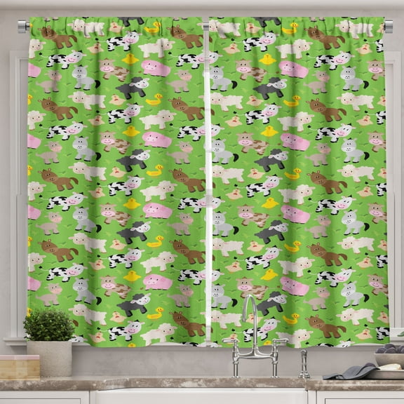 Ambesonne Pig Kitchen Curtains, Creatures Cartoon, 55"x39", Lime Green Multicolor