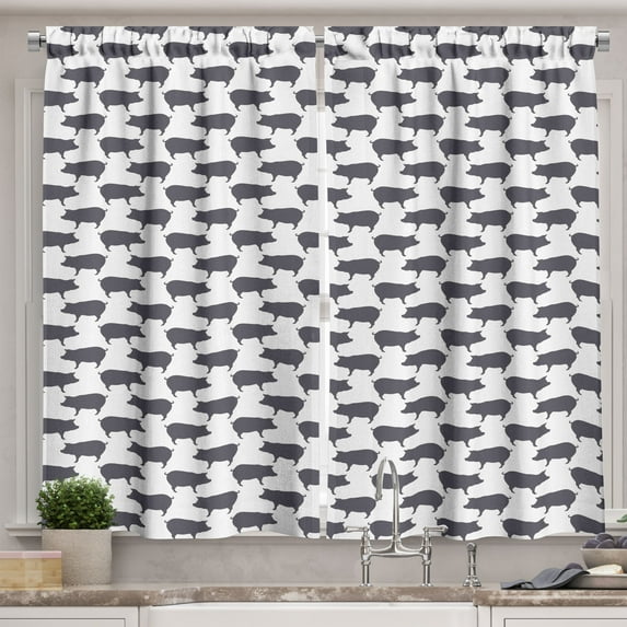 Ambesonne Pig Kitchen Curtains, Domestic Pig Silhouettes, 55"x39", Charcoal Grey and White