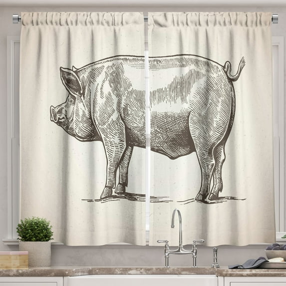 Ambesonne Pig Kitchen Curtains, Vintage Hand-Drawn Image, 55"x39", Eggshell and Dark Taupe