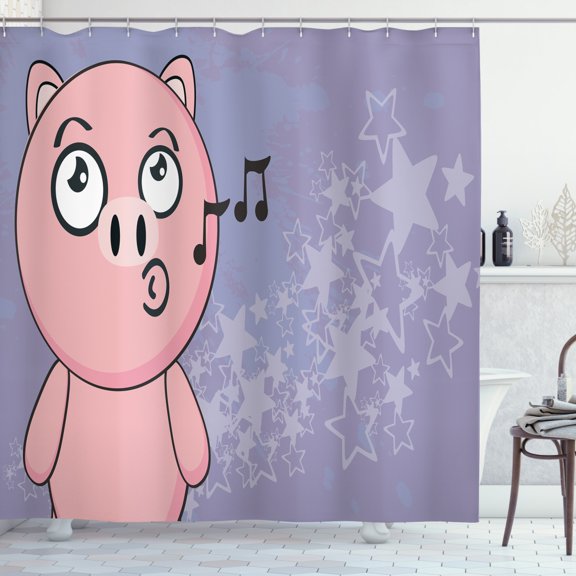 Ambesonne Pig Shower Curtain, Farm Animal Singing Star Motifs, 69"Wx84"L, Ceil Blue Pink